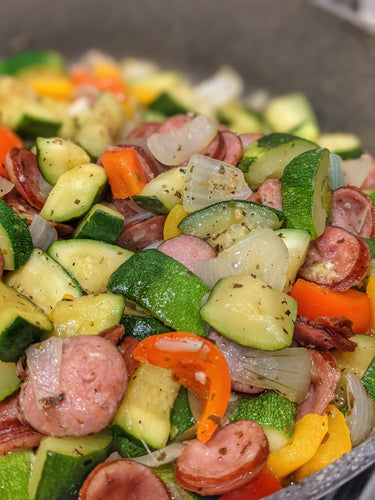 SKILLET SAUSAGE, ZUCCHINI & PEPPERS